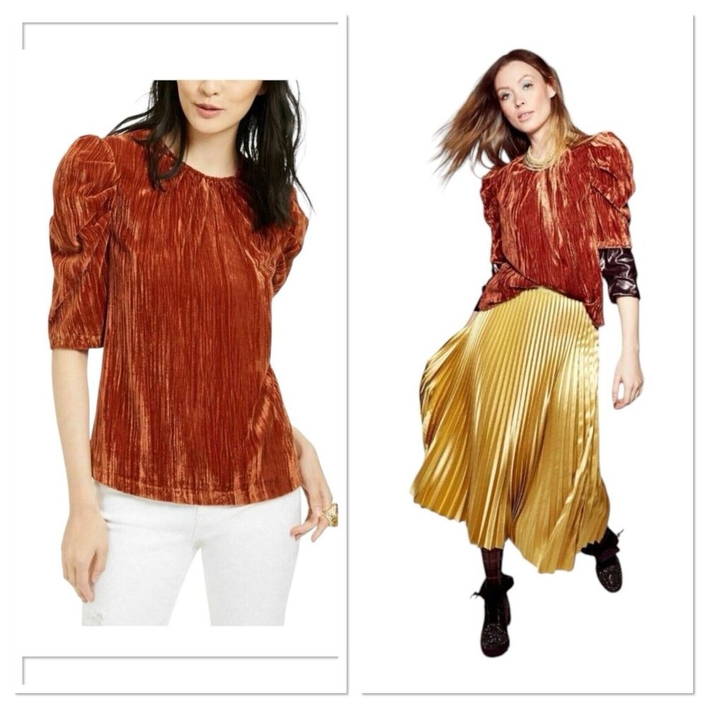 NWT $69 LEYDEN Womens S Orange Rust Crushed Velvet Pouf Short Sleeve Top Blouse